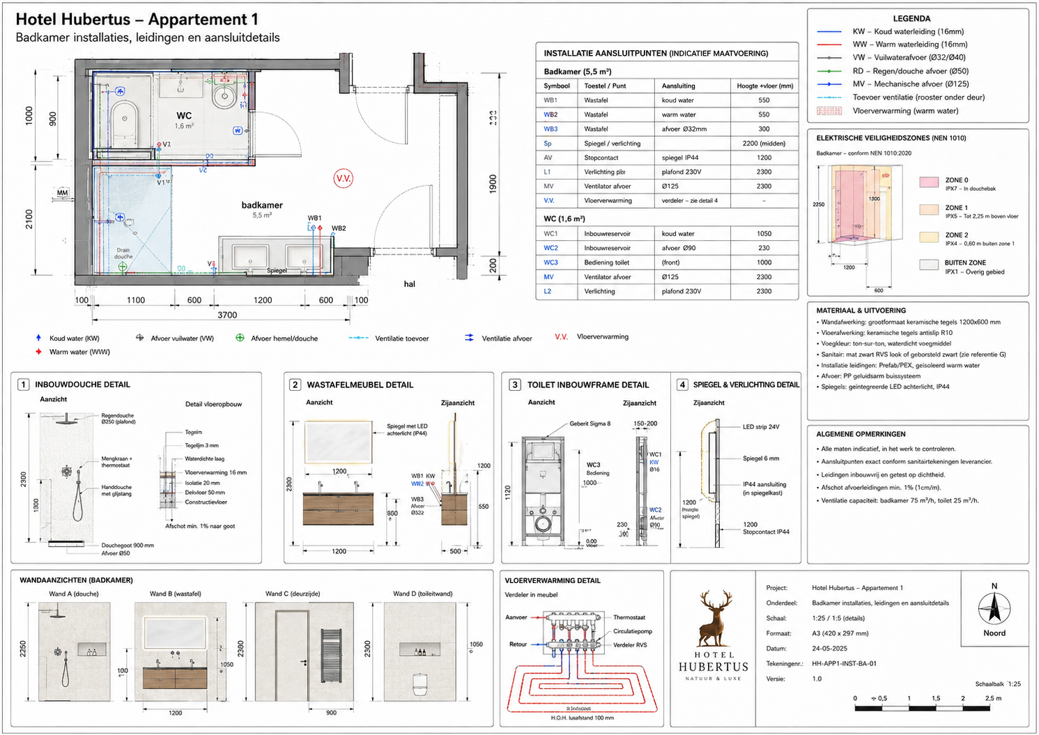HH-APP1-WTB-075 Badkamer installaties, leidingen en aansluitdetails - projectblad 075